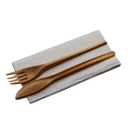  Mehrweg-Besteckset "WPC", Gabel, Messer + Servietten / 100 Stück
