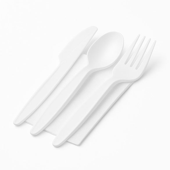 Mehrweg-Besteckset "LUXY", Löffel, Gabel, Messer + Servietten, weiß / 1 Set