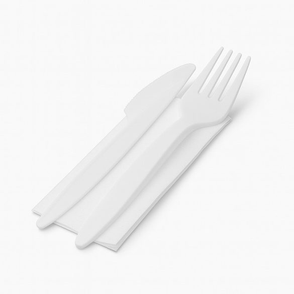 Mehrweg-Besteckset "LUXY", Gabel, Messer + Servietten, weiß / 1 Set
