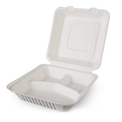   Kompostierbare Zuckerrohr-Menübox, 205 x 205 x 65 mm, 3 teilige / 100 Stück